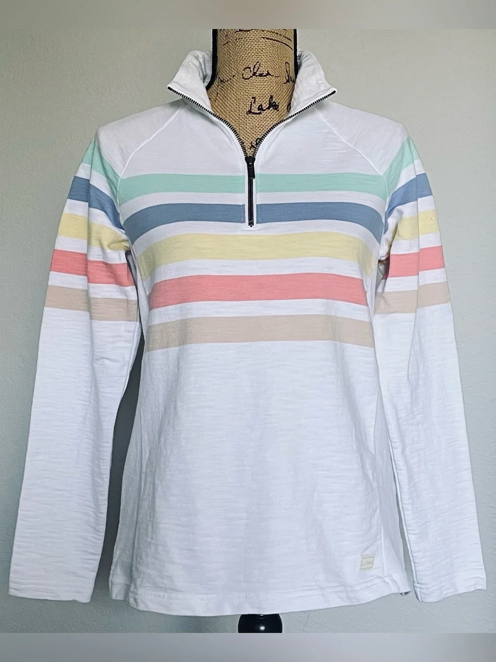 LL Bean Peak’s Island White 1/4 Zip Multi Stripe Pullover - Picture 1 of 6